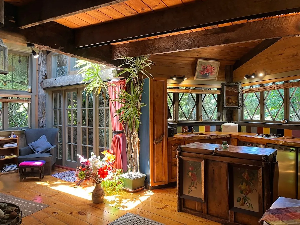 The living and kitchen area, filled with plants and light from lattice windows.