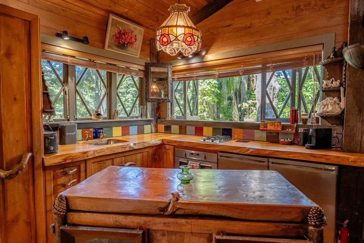 The kitchen and dining table under a stained-glass pendant light, with windows onto the trees.